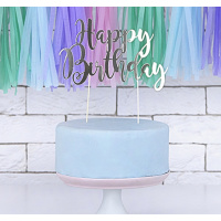 Happy Birthday SILBER Papier auf Holz Stecker Cake Topper  f&uuml;r Torten, Candy Bars, Breite ca. 20,5 cm