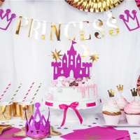 Prinzessin Cake Topper 4 teilig  Pink Glitzer und Gold  Papier auf Holz Stecker   f&uuml;r Torten, Candy Bars, Breite Schloss 19  cm, Sterne und Mond 5,5 bis 8 cm