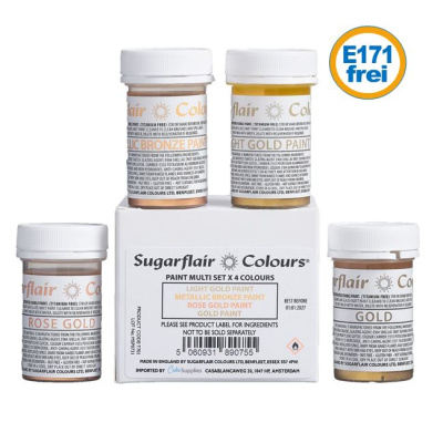 Sugarflair Paint Metallic Malfarbe Gold/Bronze Multi Set mit 4 x 25 g Lebensmittelfarbe E171frei - Light helles Gold, Rose Gold, Gold, Bronze