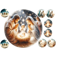 Weihnachten Christkind Krippe Tortenbild 20 cm rund mit 2 x 4 kleinen Auflegern in 4,5 cm auf Premium Fondantpapier