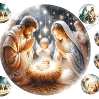Weihnachten Christkind Krippe Tortenbild 20 cm rund mit 2 x 4 kleinen Auflegern in 4,5 cm auf Premium Fondantpapier