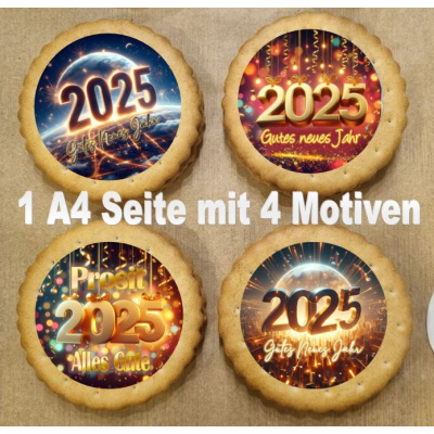 Gutes Neues Jahr Set A4 - 4 Motive essbar für Lebkuchen, Cupcakes, Kekse, Kuchen in verschiedenen Durchmessern