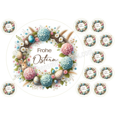 Ostern Kranz Osterhase Blumen 20 cm rund mit Keksauflegern in 4 cm im Set auf Premium Fondantpapier