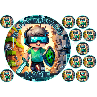 Gaming Gamer Pixel Videospiel Tortenaufleger 20 cm rund mit Keksauflegern in 4 cm im Set auf Premium Fondantpapier
