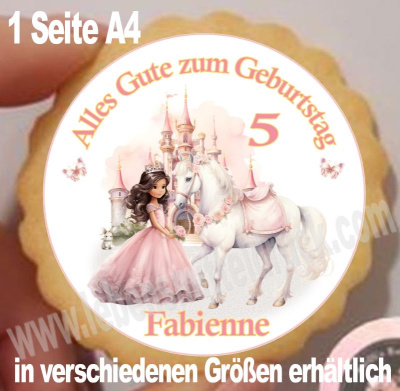 Prinzessin Pferd Schloss rosa rund  Aufleger  klein 1 Seite A4 in verschiedenen Größen für Kekse Muffins Kuchen