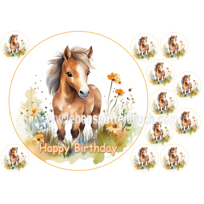 Pferd Fohlen braun Wiese  Tortenaufleger 20 cm rund mit Keksauflegern in 4 cm im Set auf Premium Fondantpapier