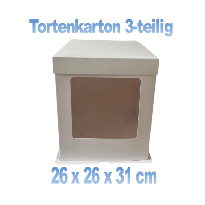 Tortenkarton 25.4 x 25.4 x  31 cm hoch 3-teilig Sichtfenster vorne, weiß,  Cake Box